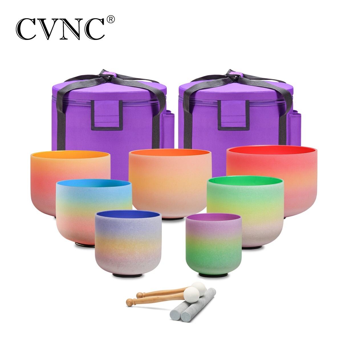 CVNC 432Hz 6″-12″ 7 Pcs Rainbow Colored Crystal Singing Bowls Chakra Set Case*2