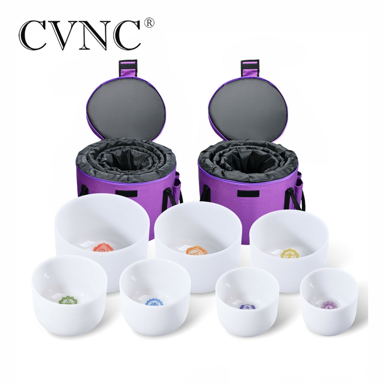 432Hz 6”-12” Set of 7pcs Chakra Design Frosted Crystal Singing Bowls with Case