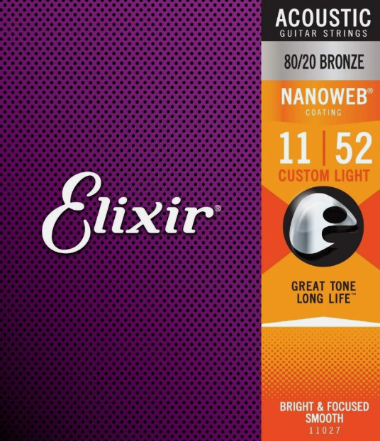 Elixir 80/20 Bronze Acoustic Guitar Strings NANOWEB Custom Light .011-.052 11027