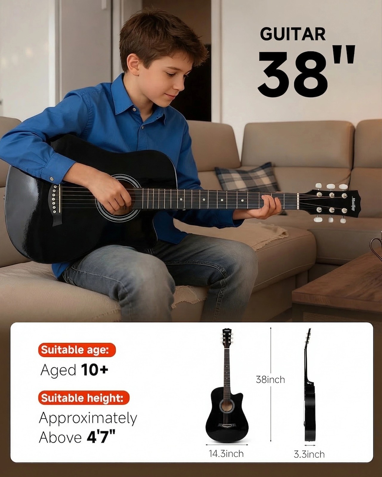 Moukey 38″ Acoustic Guitar Bundle Basswood With Strap Gig Bag Pick String Black