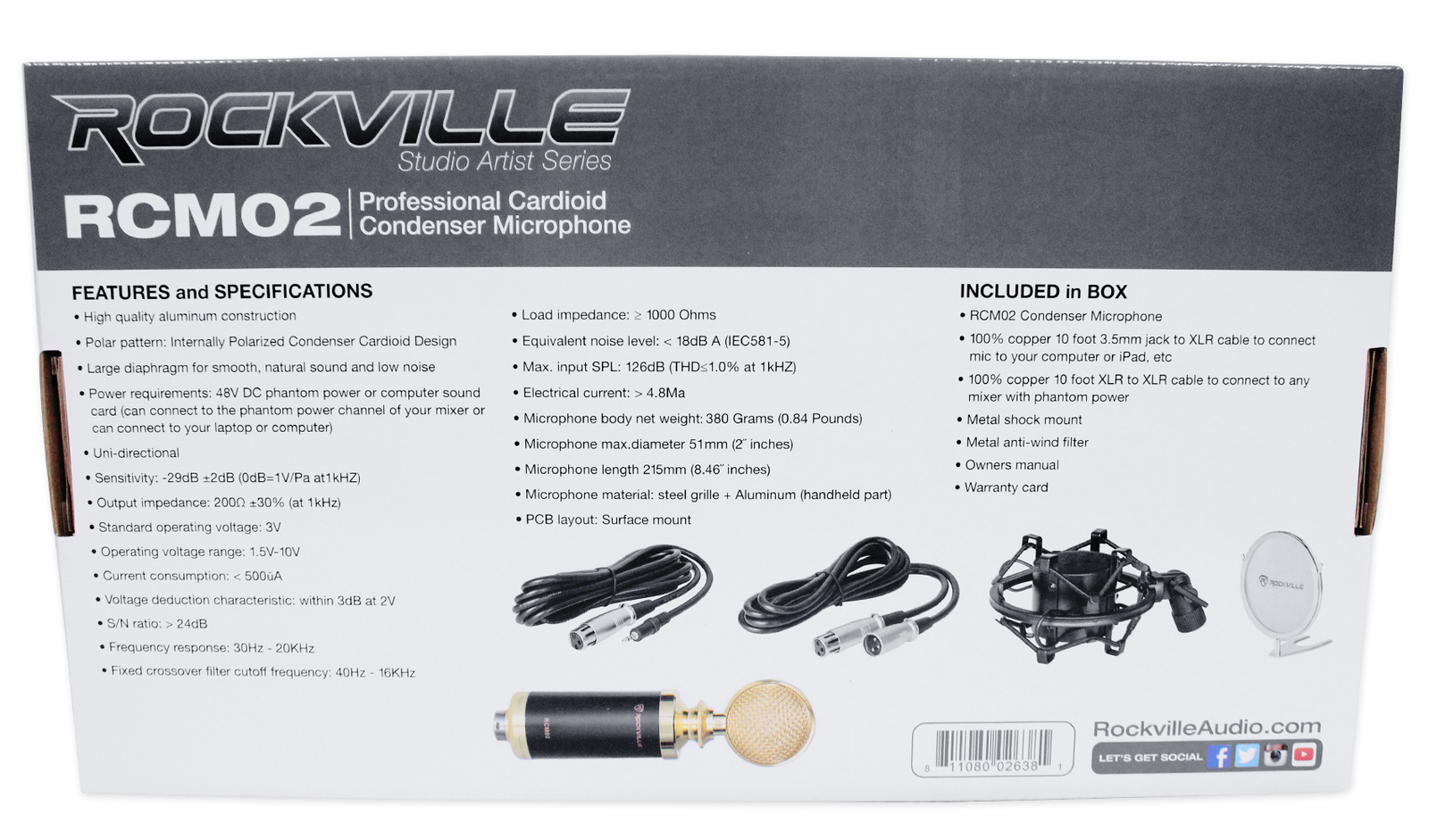 Rockville RCM02 Studio Recording Condenser Microphone+Phantom Power Supply